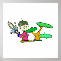 Chainsaw Holding Kid with Bonsai Graphic Image Print