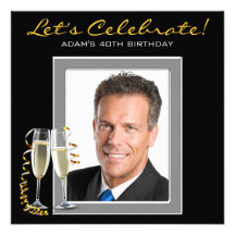 Champagne Black Photo Mans 40th Birthday Party Custom Invite