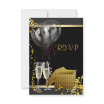 Champagne Confetti Black Gold Surprise Party RSVP Personalized Announcement