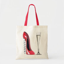 Champagne Flute Glass and Corkscrew Stiletto Shoe Tote Bags