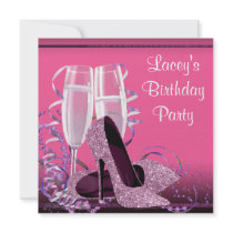 Champagne High Heel Womans Hot Pink Birthday Party Custom Announcements