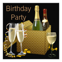 Champagne Wine Glasses Black Gold Birthday Party Custom Invites