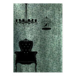 Chandelier, chair, and Birdcage business cards