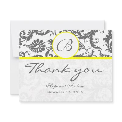 Charcoal Grey Damask Yellow Wedding Thank You Card by samack