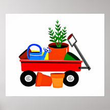 Chariot rouge avec des plantes et des outils de ja affiche
