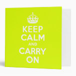Chartreuse  Keep Calm and Carry On 3 Ring Binders