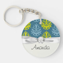 Chartreuse slate blue teal damask round acrylic keychain
