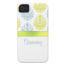 Chartreuse slate blue white damask custom Case-Mate iPhone 4 case