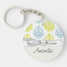 Chartreuse slate blue white damask round acrylic key chain