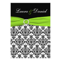 Chartreuse, White, Black Damask Wedding Invitation