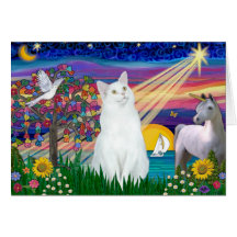 Chat blanc - nuit magique cartes de vœux