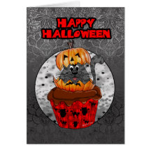 chat de petit gâteau de Halloween, chat tigré gris Carte De Vœux