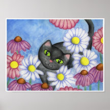 Chat noir en affiche d'art de fleurs