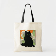 Chat Noir et Fleurs Blanches de Printemps Tote Bags