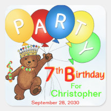 Cheerful 7th Birthday Party Bear Square Sticker