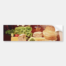 Cheeses, with radishes, lettuce, bread, and daffod bumper stickers