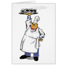 Chef holding tray of hat food greeting cards