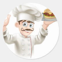 Chef with burger stickers