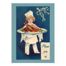 Chef with Turkey on Platter and Wishbone Custom Invitations