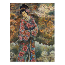 Cherry Blossom Geisha, Fine Art Products Post Cards