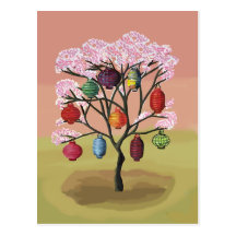 Cherry Blossom with oriental paper lanterns Post Cards