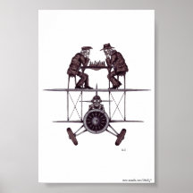 Chess game on plane surreal pen ink drawing art poster