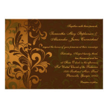 Chestnut Brown/Gold/Green Swirl Wedding Invitation