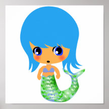 cheveux magiques de bleu de sirène de chibi posters