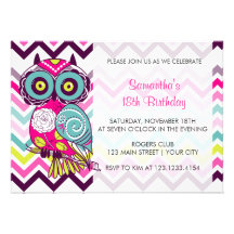 Chevron Retro Groovy Owl Birthday Party Custom Invite