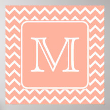 Chevron rose et blanc de corail avec le monogramme affiches