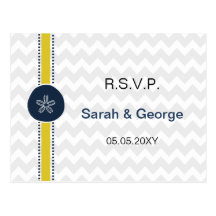chevron sand dollar, beach wedding rsvp postcards
