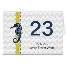 chevron,  sea horse, beach wedding table numbers greeting cards