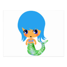 chibi magical mermaid blue hair postcard