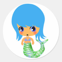 chibi magical mermaid blue hair round sticker