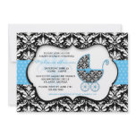 Chic Blue Polka Dot Damask Baby Shower Invite