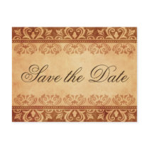 Chic brown grunge damask Save the Date postcard