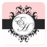 Chic French Black Monograms Damask Labels Square Sticker