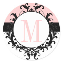 Chic French Wedding Monogram M Damask Pink Label Stickers