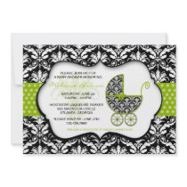 Chic Green Polka Dot Damask Baby Shower Invite