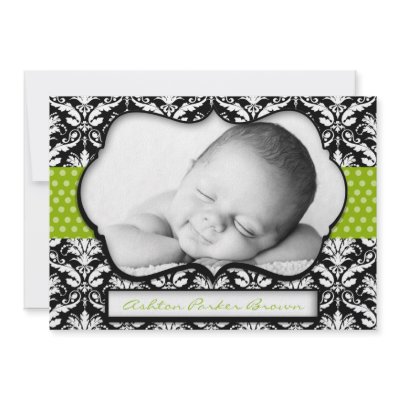 Chic Green Polka Dot Damask Birth Announcement by TreasureTheMoments