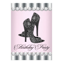 Chic High Heel Shoes Pink Zebra Birthday Party Custom Invitations
