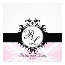 Chic Monograms Wedding Invite White Pink Damask
