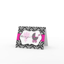 Chic Pink Polka Dot Damask Baby Shower Thank You Greeting Card