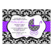 Chic Purple Polka Dot Damask Baby Shower Invite