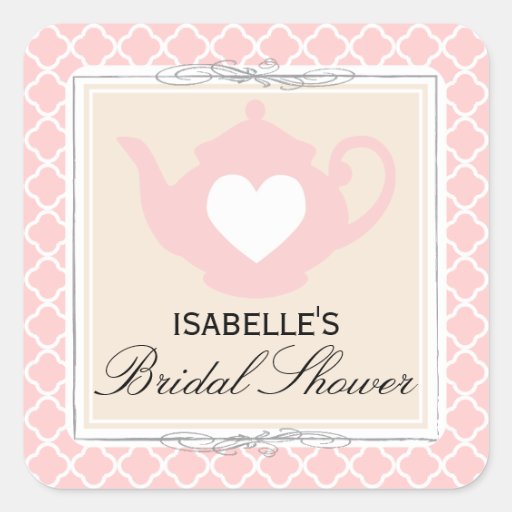 Chic Tan & Pink Teapot Bridal Shower Tea Sticker