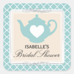 Chic Tan & Teal Teapot Bridal Shower Tea Party Square Sticker