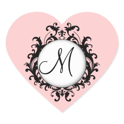 Chic Wedding Initial Damask Label Pink Heart Stickers by monogramgallery