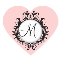 Chic Wedding Initial Damask Label Pink Heart Stickers