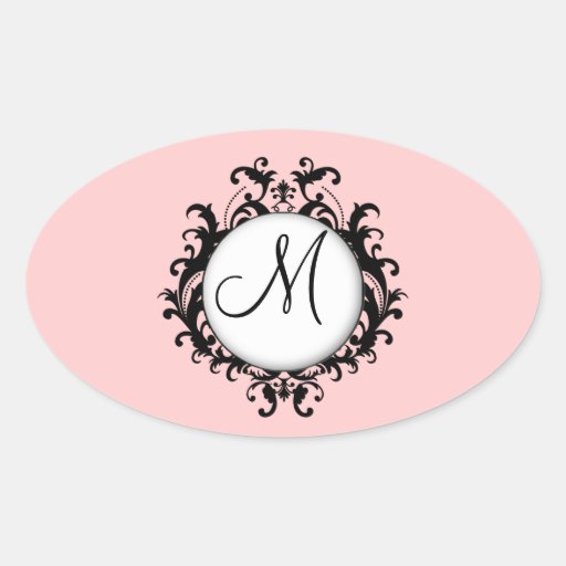 Chic Wedding Initial Damask Label Pink Oval Oval Stickers