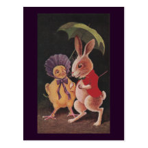 Chick with Umbrella Walks with Rabbit Postcard